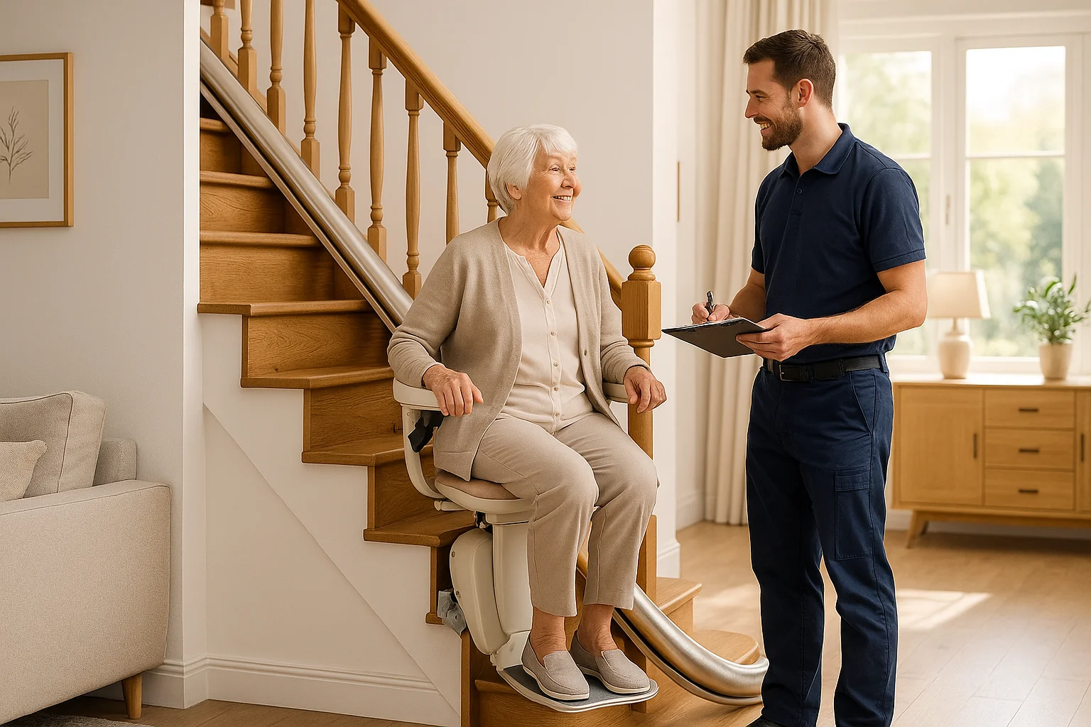 Gebrauchter Treppenlift in Einbau-Situation – Aufbereitung mit neuer Schiene