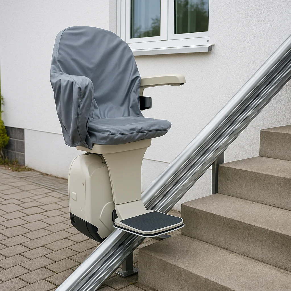 Gebrauchter Sitzlift an Außentreppe – witterungsfeste Ausführung